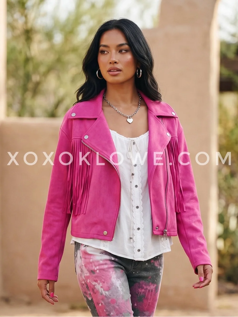 POL Hot Pink Vegan Suede Fringe Moto Jacket | Cropped Western Concert Biker